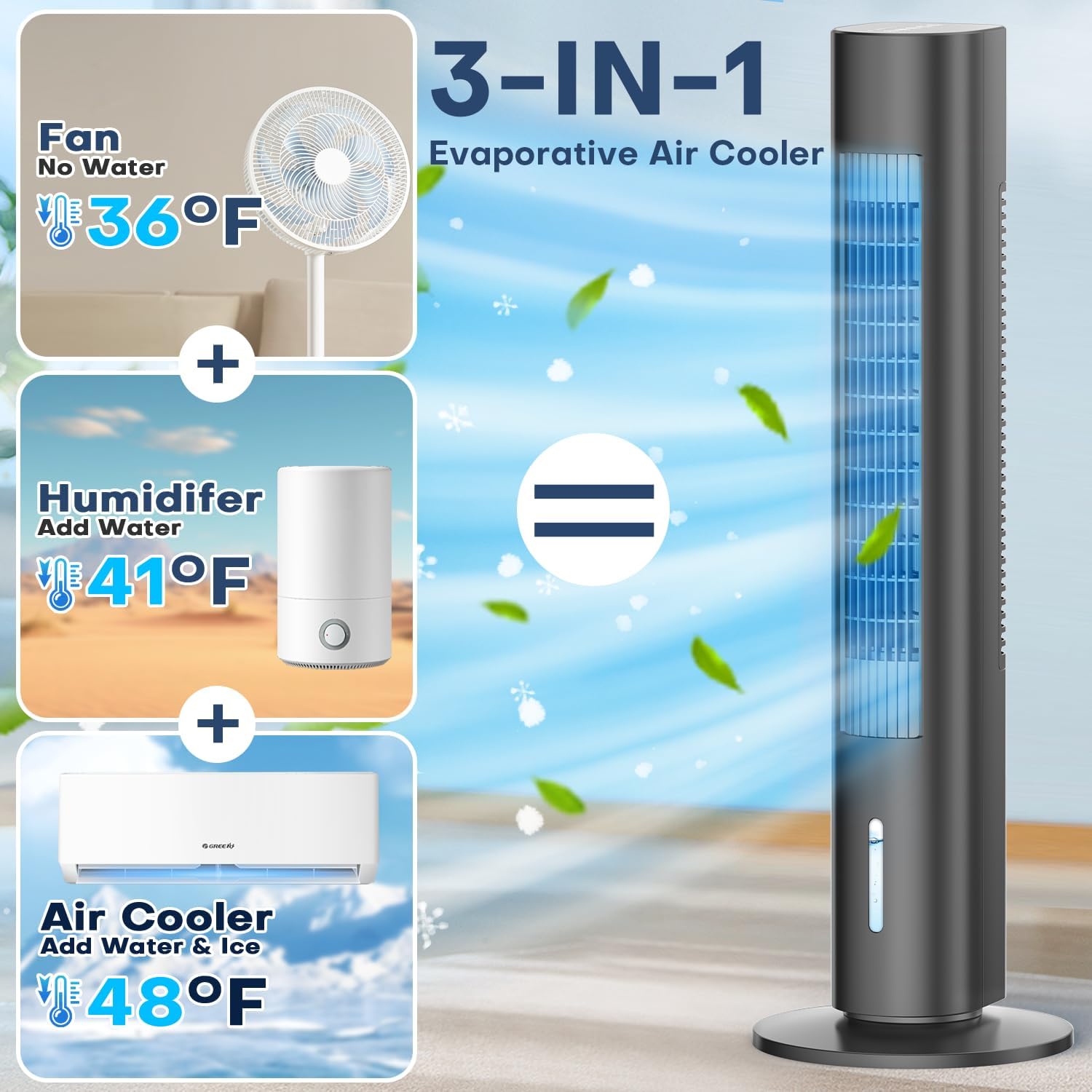 CENSTECH 90-degree swing distributes cooling evenly across the room.