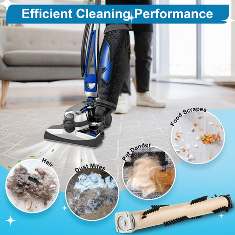 Ceoighe deep-clean action demonstrates bristles penetrating carpet fibers for quick dirt pickup