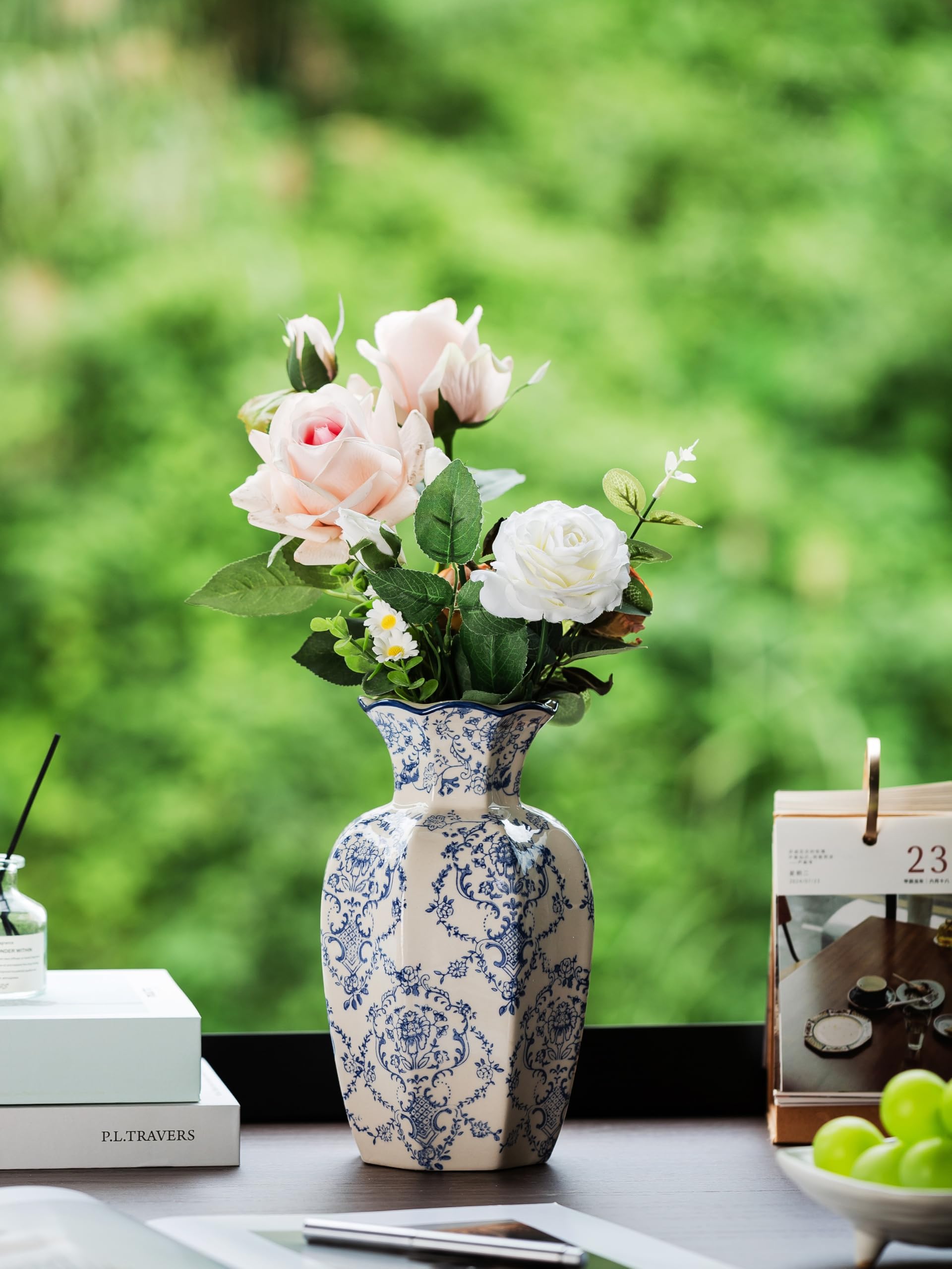 Ceradamay blue and white vase front view highlighting floral motifs