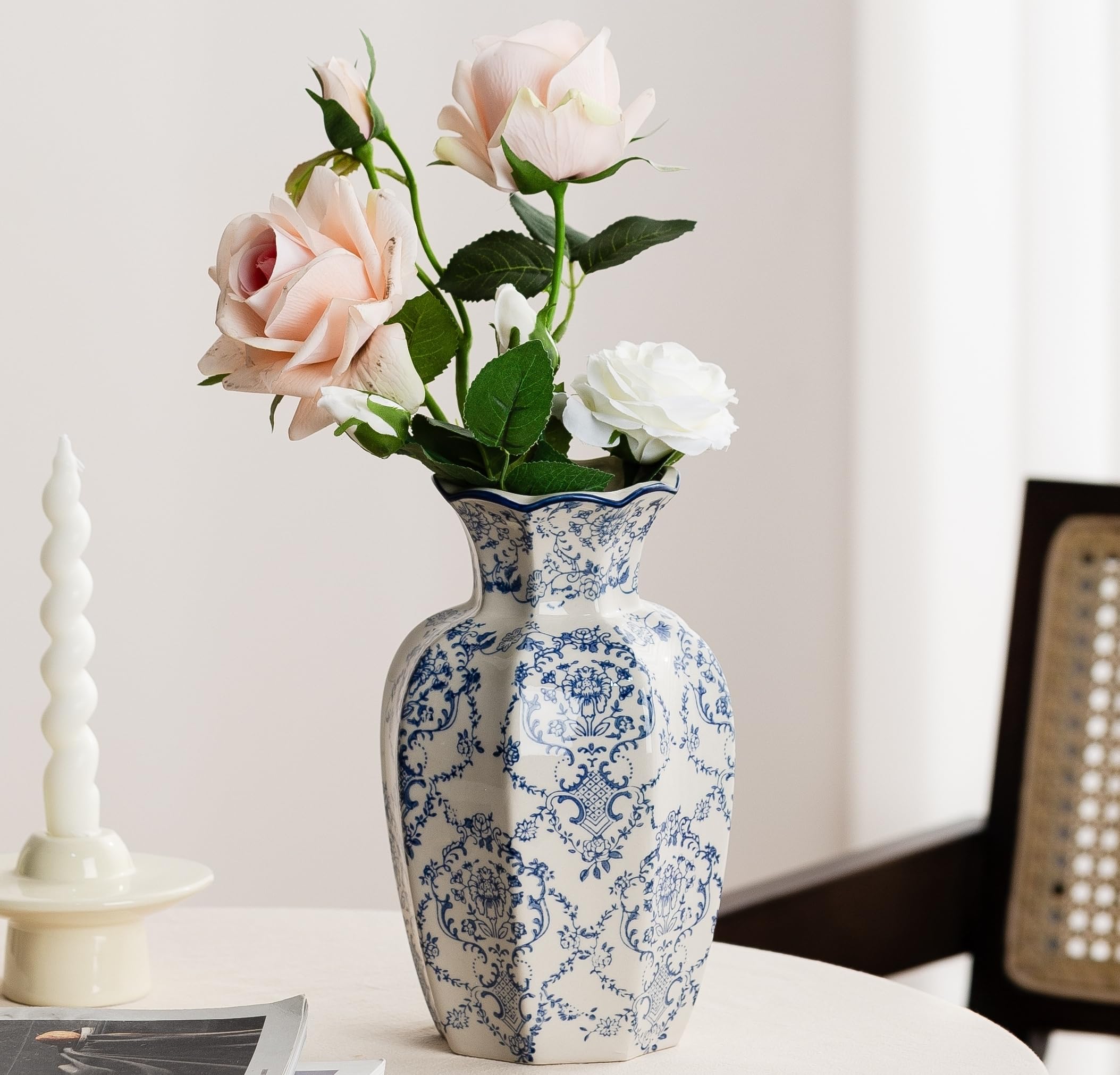 Ceradamay blue and white vase with hexagonal pattern, elegant centerpiece option
