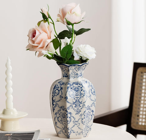 Ceradamay blue and white vase with hexagonal pattern, elegant centerpiece option