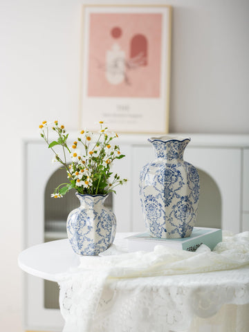 Ceradamay blue and white vase side view showing hexagonal silhouette