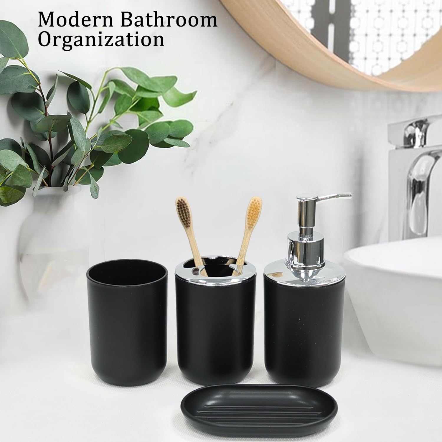 CERBIOR shiny black bath set highlights durable plastic construction.