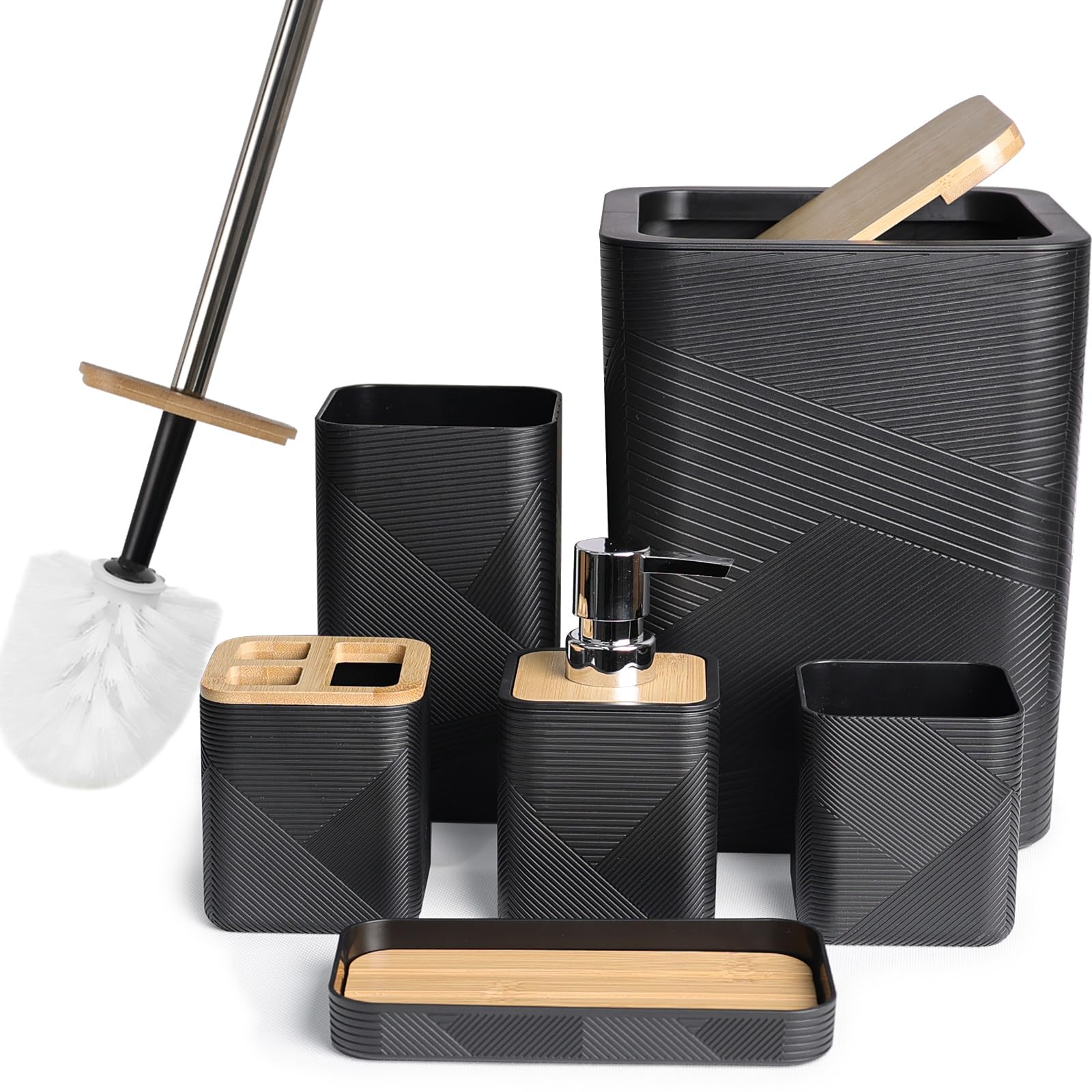 CERBIOR soap dispenser in the black bathroom ensemble with a durable pump for easy handwashing