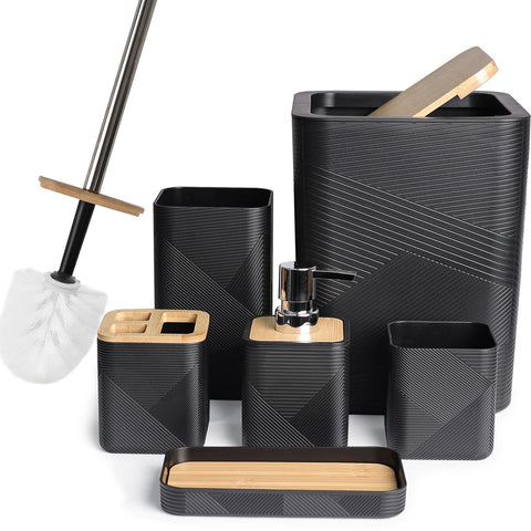 CERBIOR soap dispenser in the black bathroom ensemble with a durable pump for easy handwashing