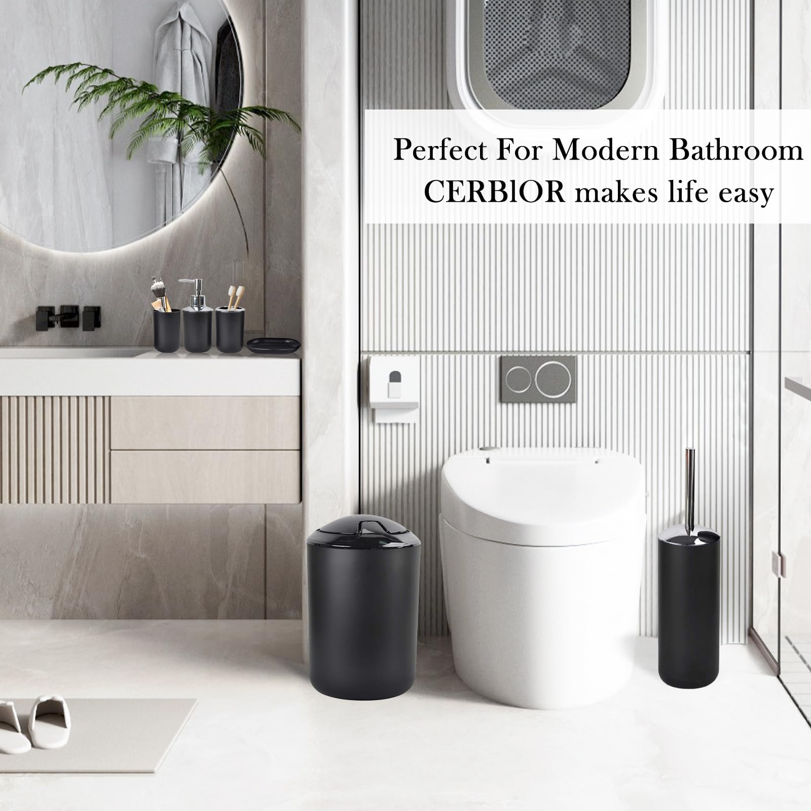 CERBIOR trash can fits compactly under the vanity for quick disposal.