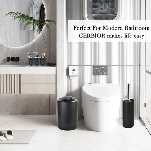 CERBIOR trash can fits compactly under the vanity for quick disposal.