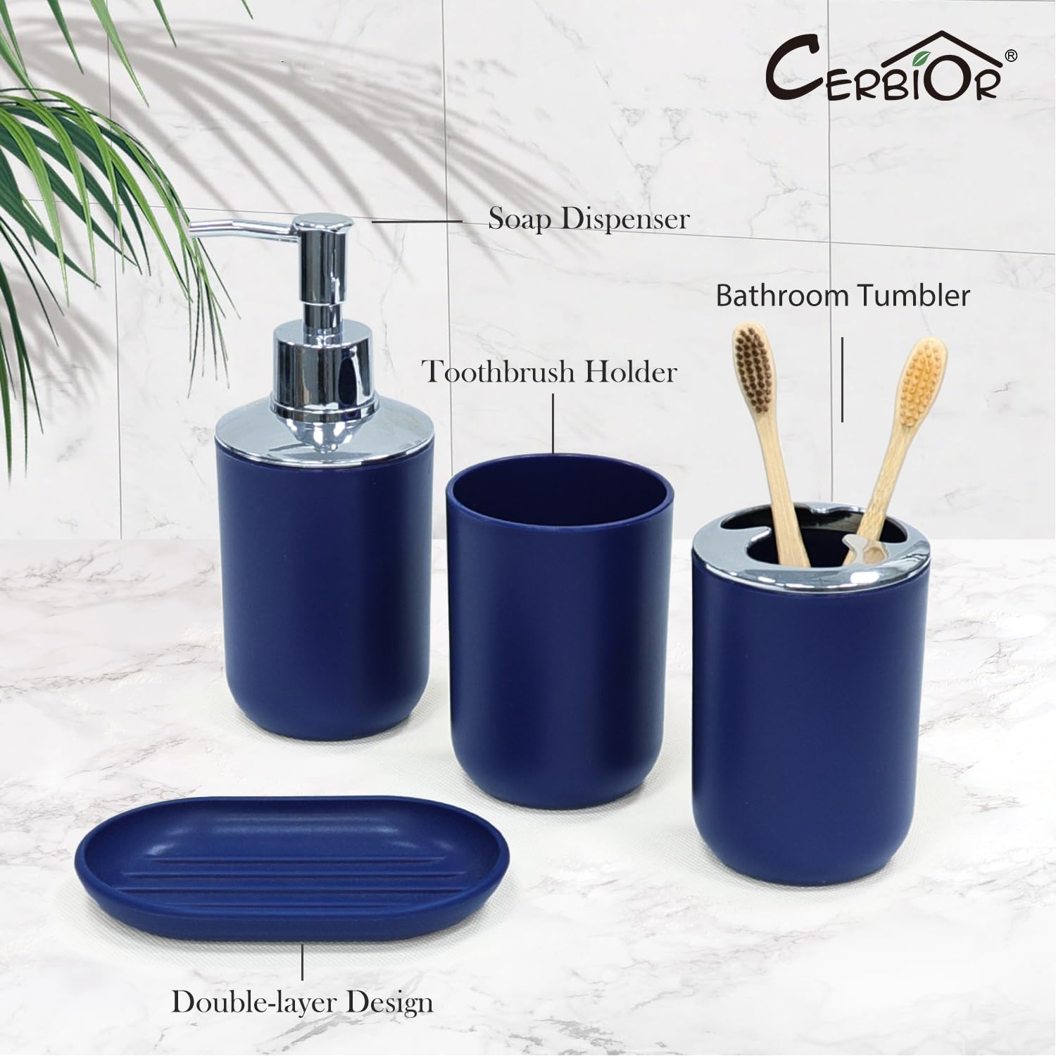 CERBIOR toothbrush cup in royal blue blends with decor