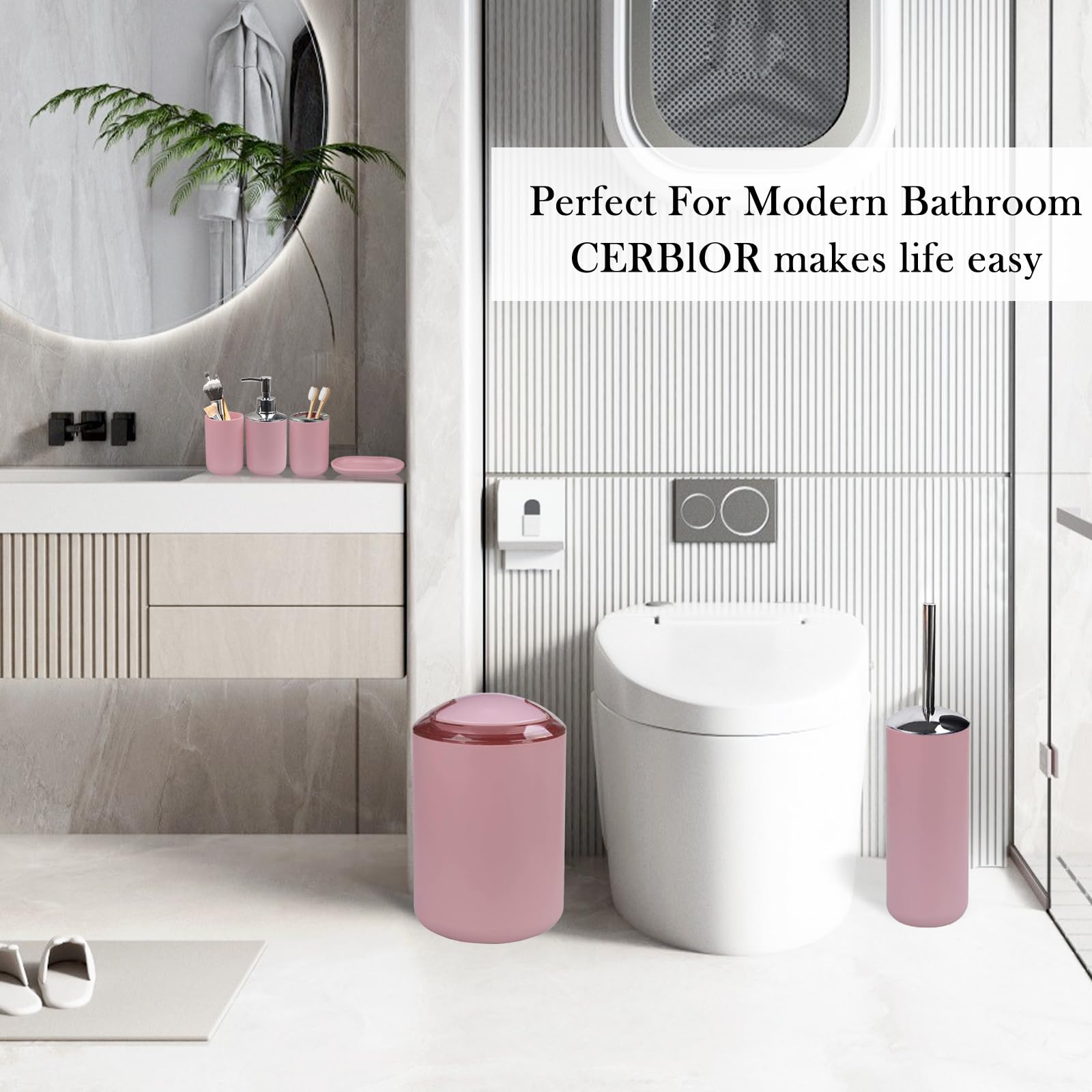 CERBIOR trash can matches bathroom style and reduces clutter
