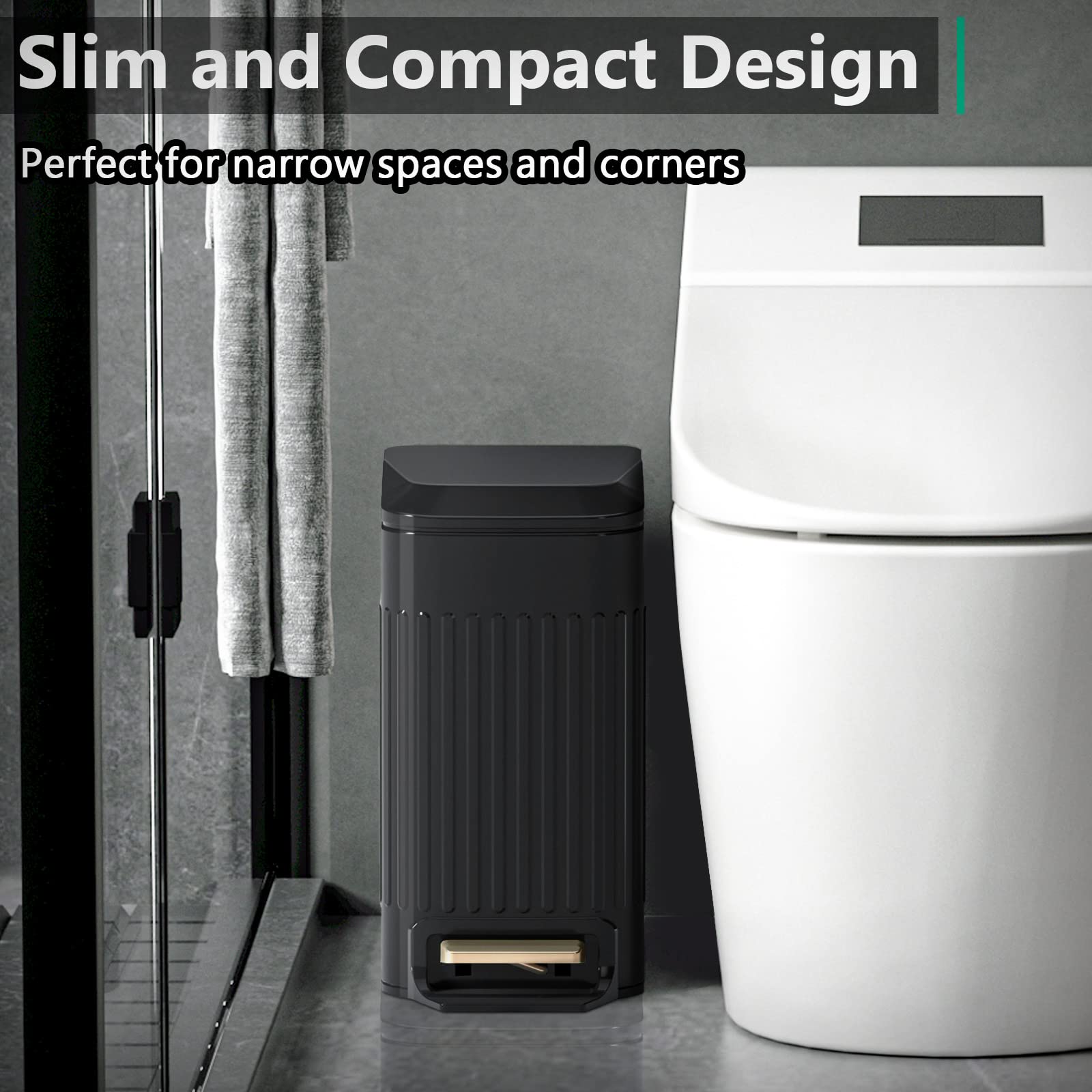 CEROELDA slim-design wastebasket shows pedal-action opening for hands-free disposal.