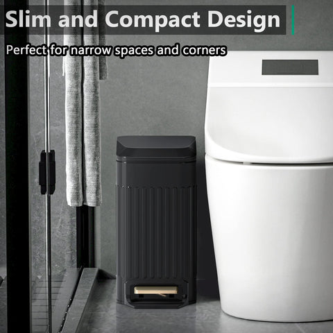 CEROELDA slim-design wastebasket shows pedal-action opening for hands-free disposal.