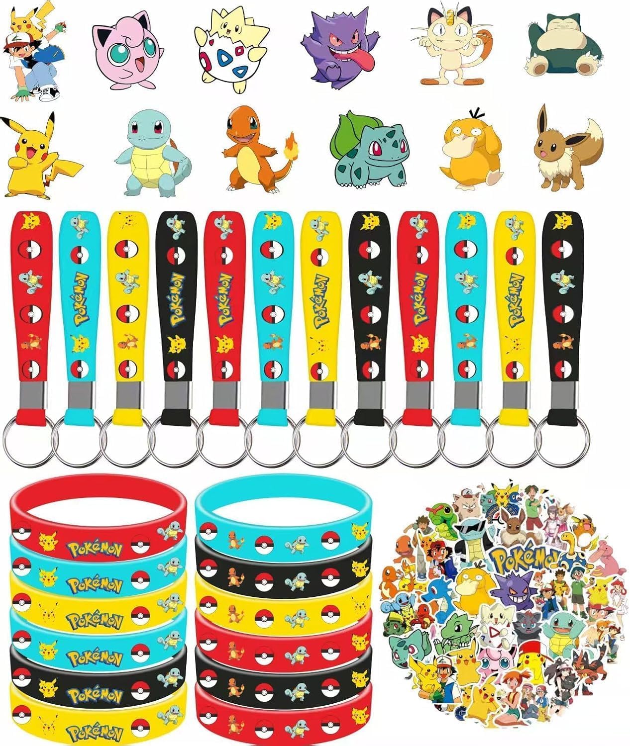 cerfioo 86PCS Pokemon birthday decorations with bracelets and keychains for kids' party favors.