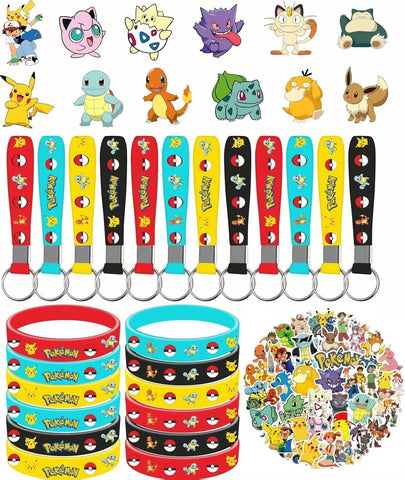 cerfioo 86PCS Pokemon birthday decorations with bracelets and keychains for kids' party favors.