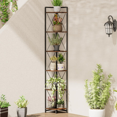 Cerlyunzan 78-inch tall corner shelf maximizes vertical space in a cozy living area.