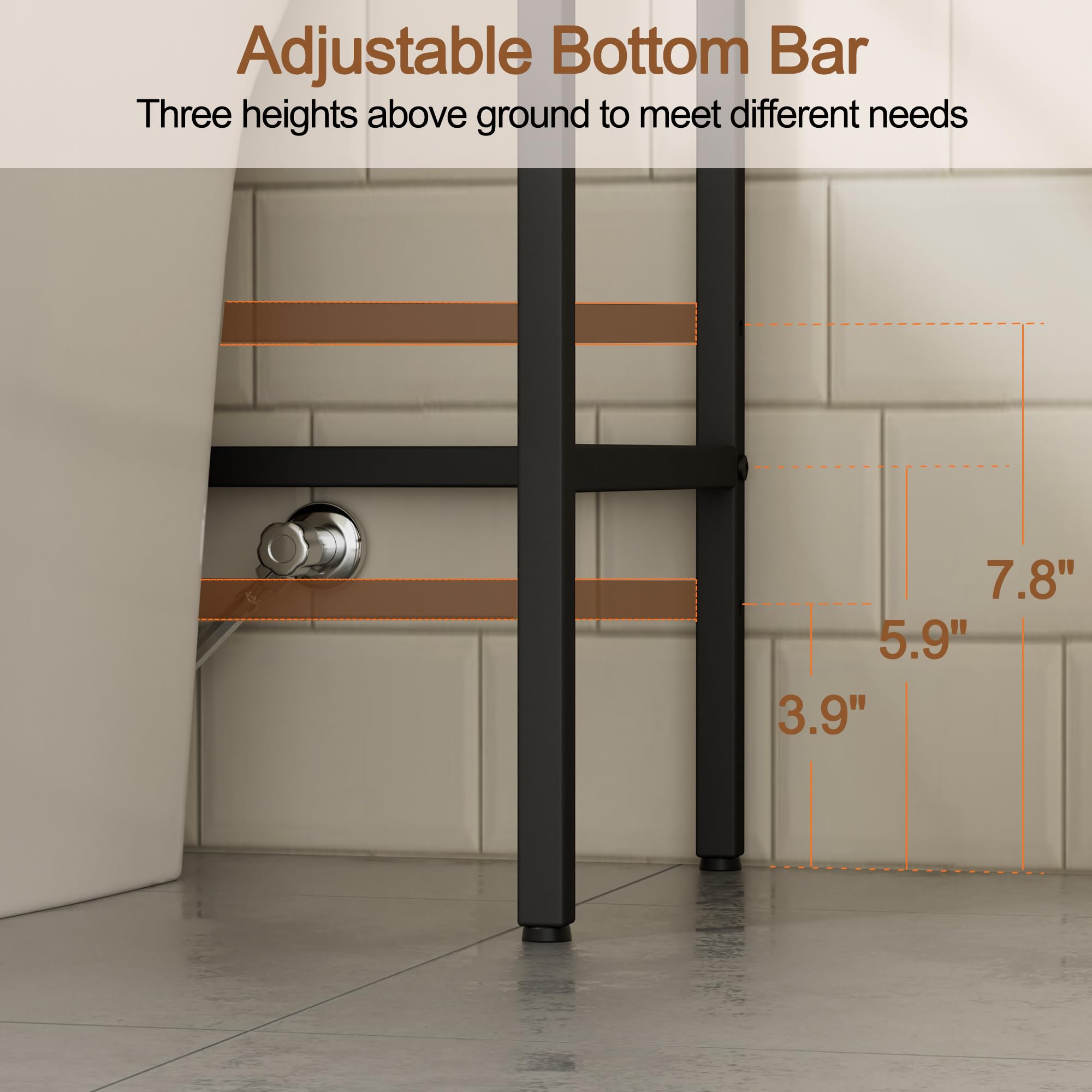 Cerlyunzan black metal rack with side hooks for towels and bath accessories.