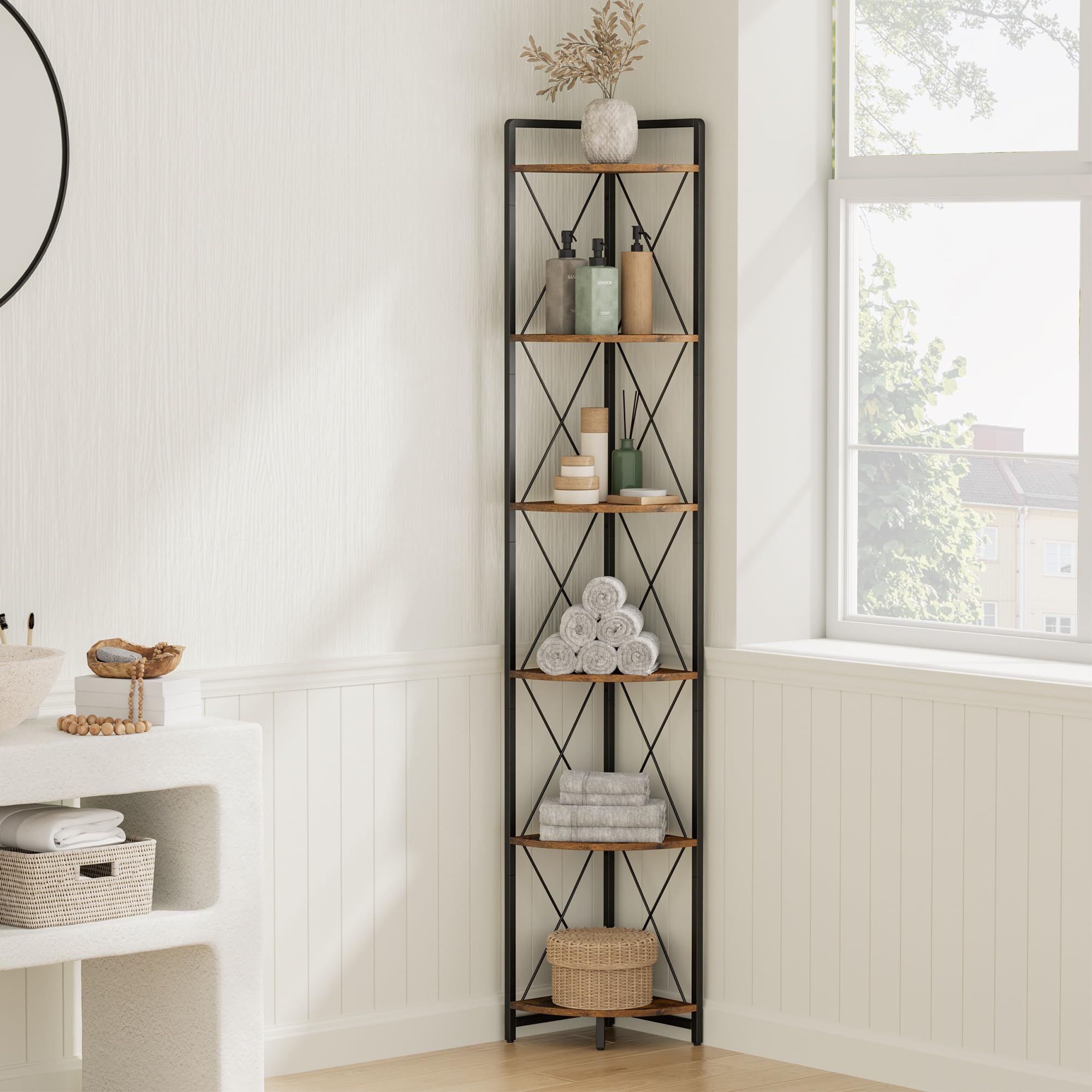 Cerlyunzan corner shelf blends with bedroom decor for organized space.