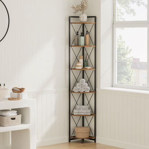 Cerlyunzan corner shelf blends with bedroom decor for organized space.