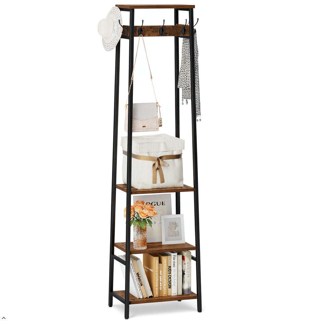 Cerlyunzan freestanding hall tree seven hooks keeps coats organized.