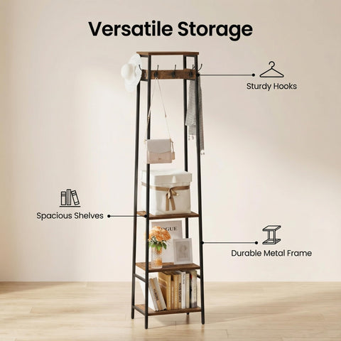 Cerlyunzan coat rack with rustic brown shelves and black metal frame.