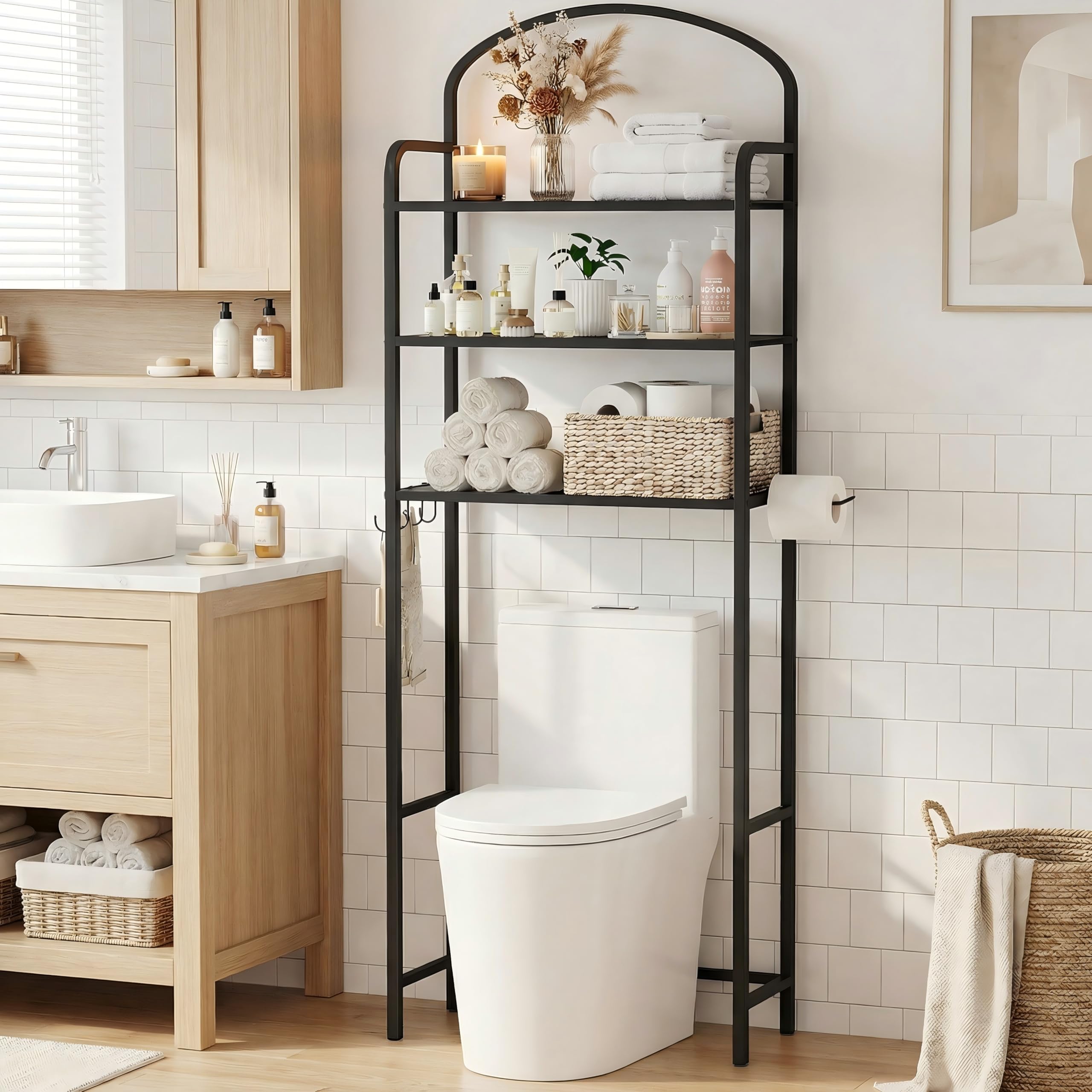 Cerlyunzan over-the-toilet unit in modern black finish for small bathrooms.