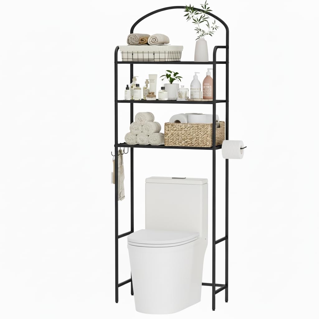 Cerlyunzan over-the-toilet storage rack with three shelves for compact bathroom organization.