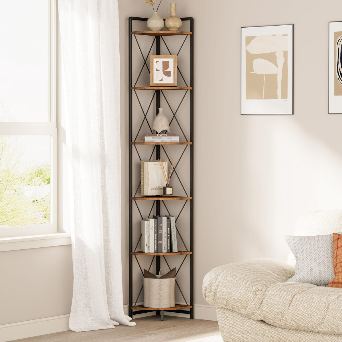 Cerlyunzan six-tier corner shelf stand in bright living room for versatile storage.
