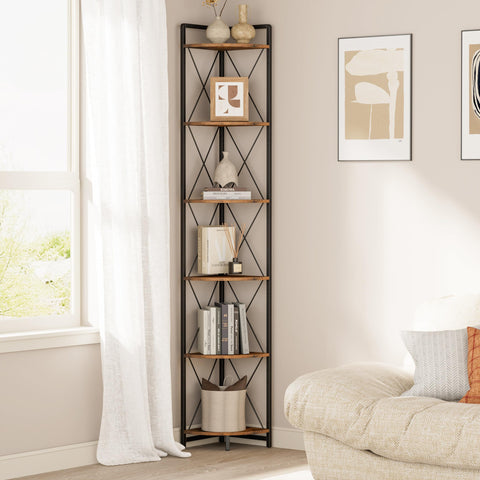 Cerlyunzan six-tier corner shelf stand in bright living room for versatile storage.
