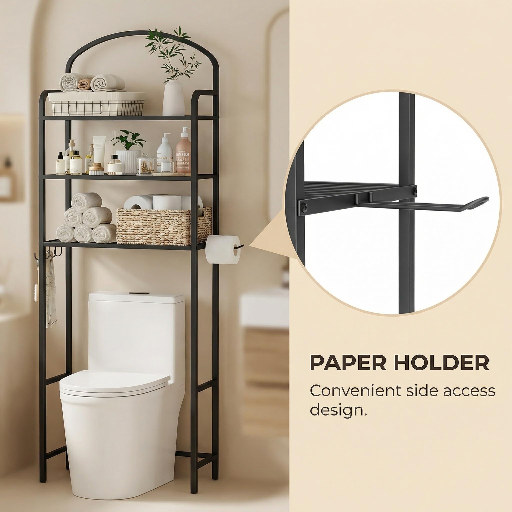Cerlyunzan space-saving rack over toilet with adjustable feet for stability.