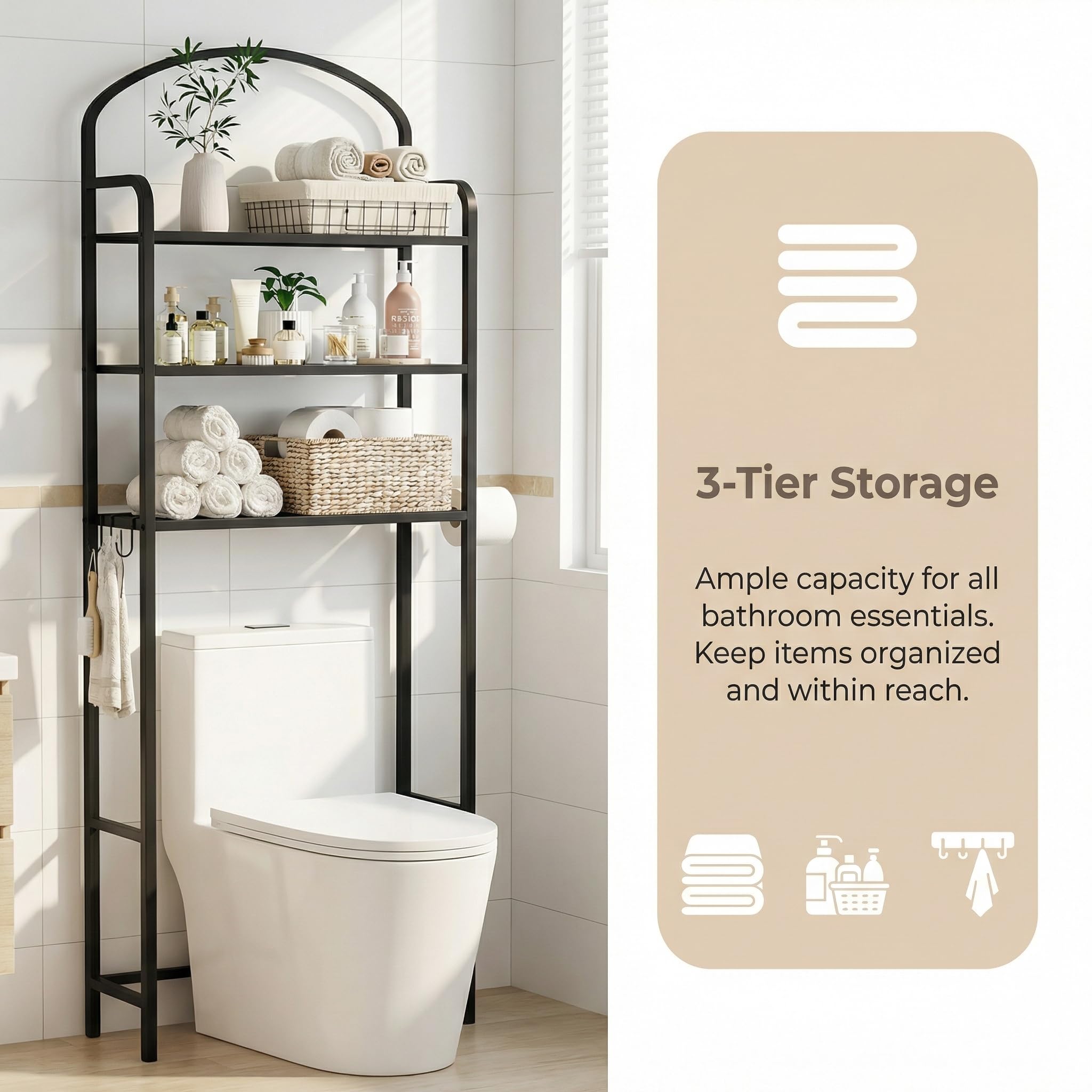 Cerlyunzan 3-tier shelf helps organize toiletries, towels, and paper.