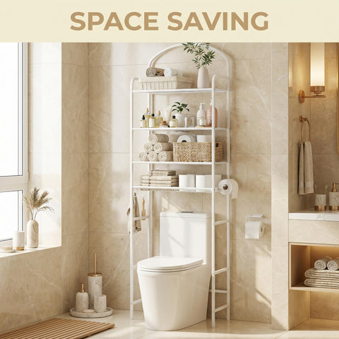 Cerlyunzan white metal shelf adds a clean look to the bathroom