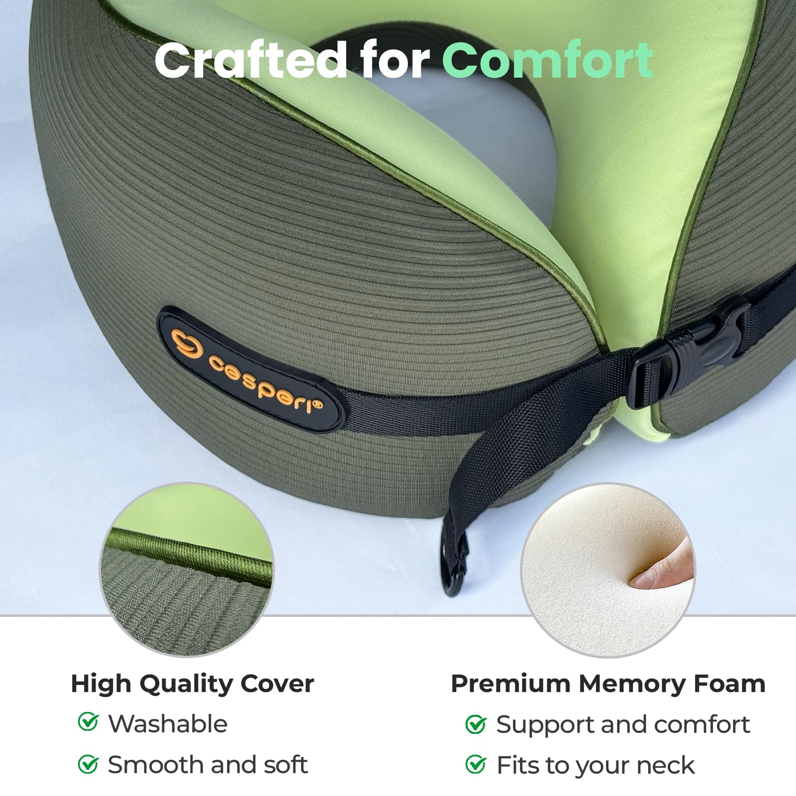 Cesperi Avocado Green pillow with adjustable strap for a customized fit.