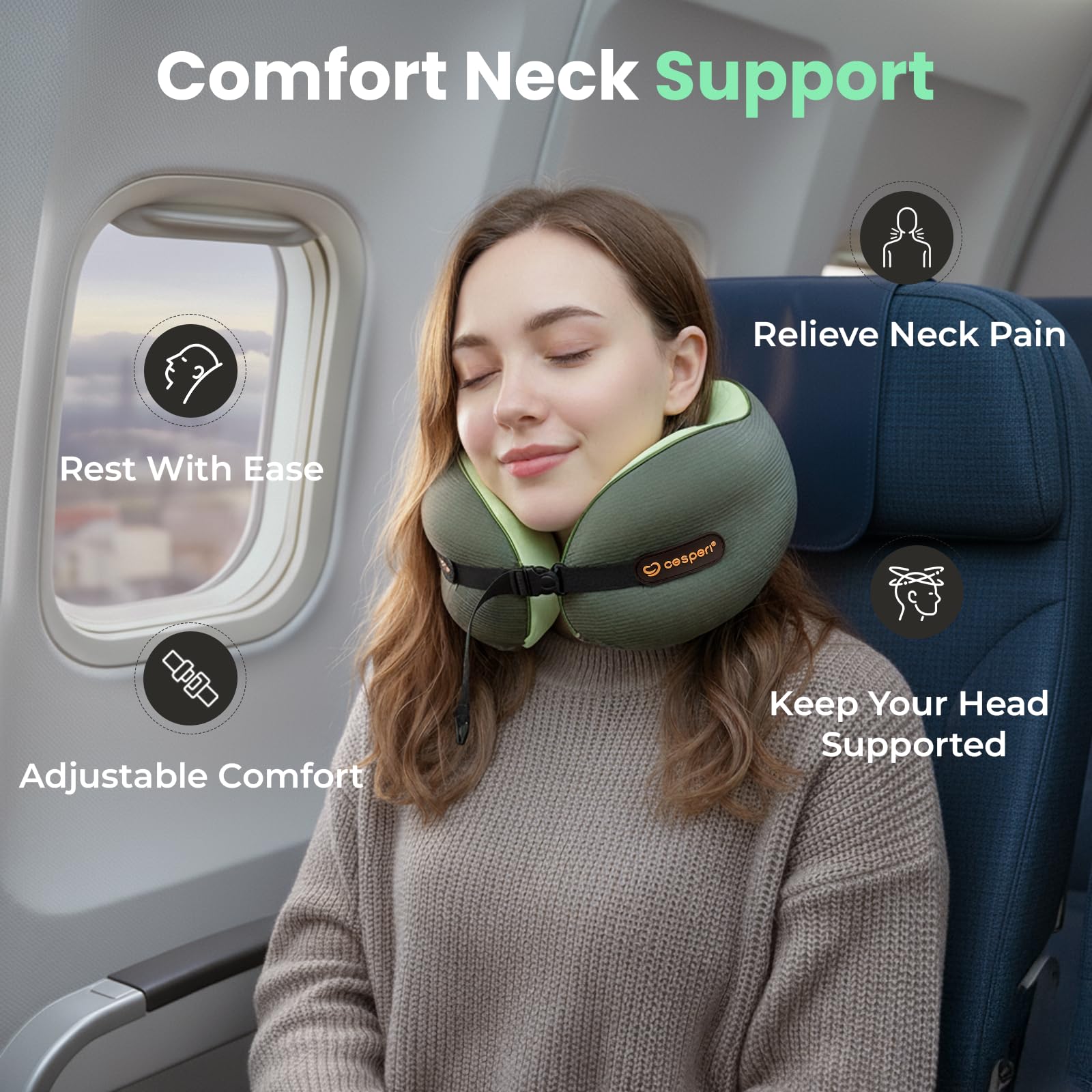 Cesperi Travel Neck Pillow close-up showing memory foam contours for support.