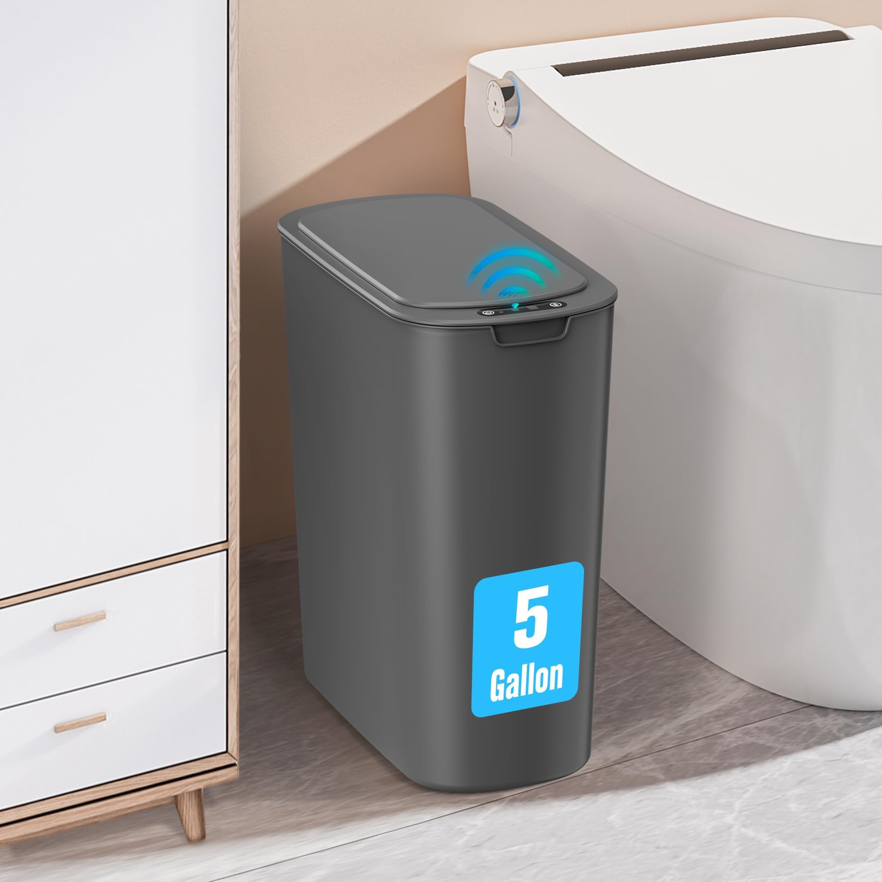 Cesun 5-gallon automatic trash can front view with space-saving slim profile.
