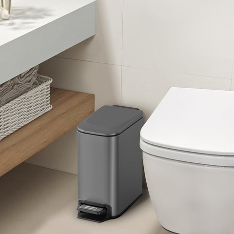 Cesun 6-liter stainless steel trash can with slim profile fits tight bathrooms and reduces clutter.