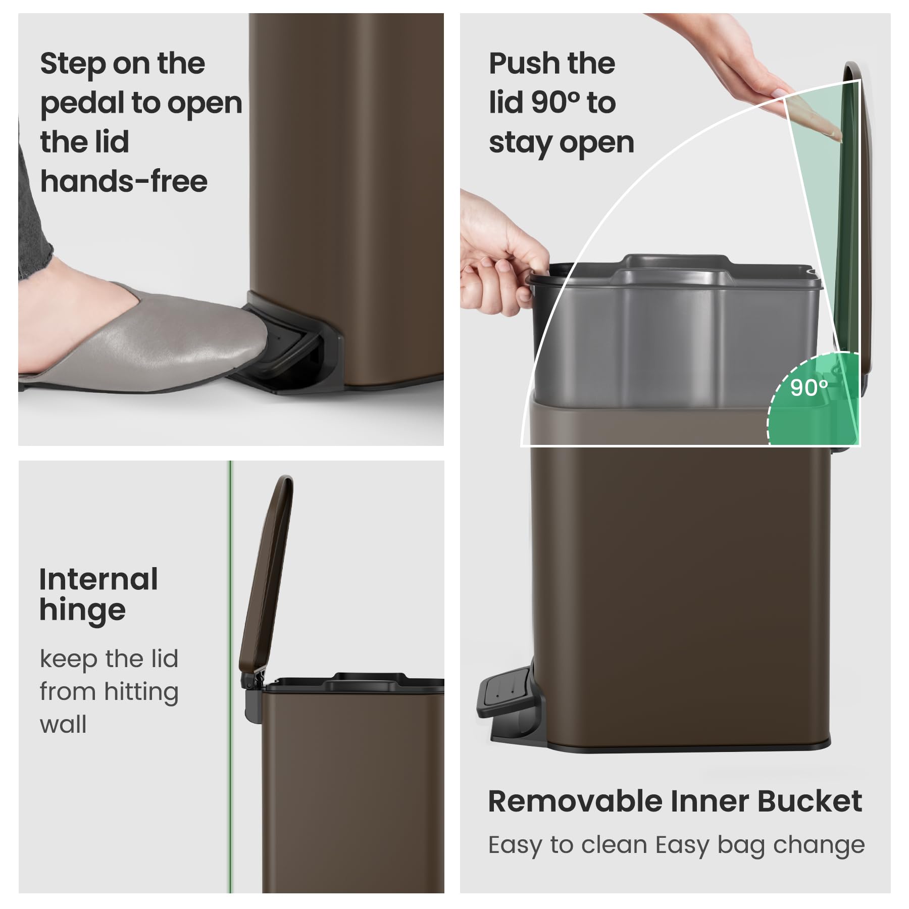 Cesun lid stays open at 90 degrees for convenient waste disposal.