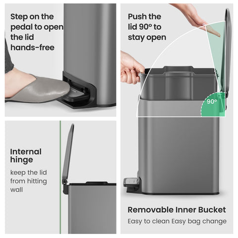 Cesun anti-fingerprint finish keeps the gray trash can looking new after regular cleaning.
