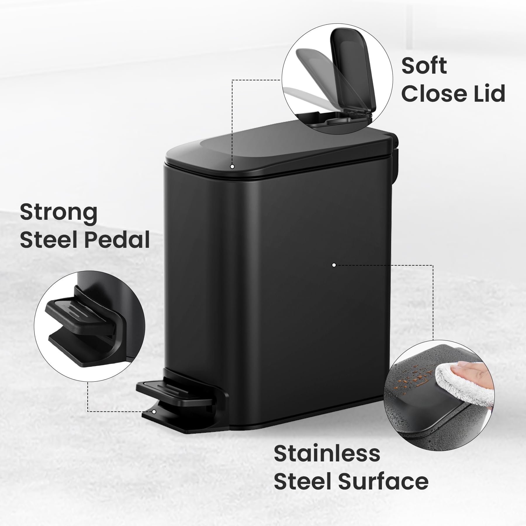 Cesun matte-black stainless steel trash can with fingerprint-resistant finish.