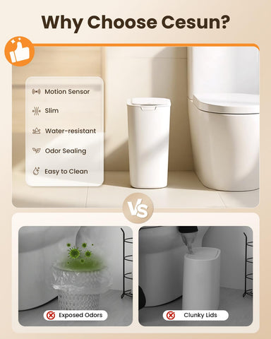 Cesun IPX5 waterproof bin withstands humidity in bathrooms.