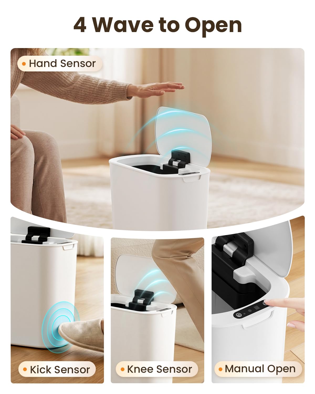 Cesun trash can lid open demonstrates instant hands-free access in bathrooms.