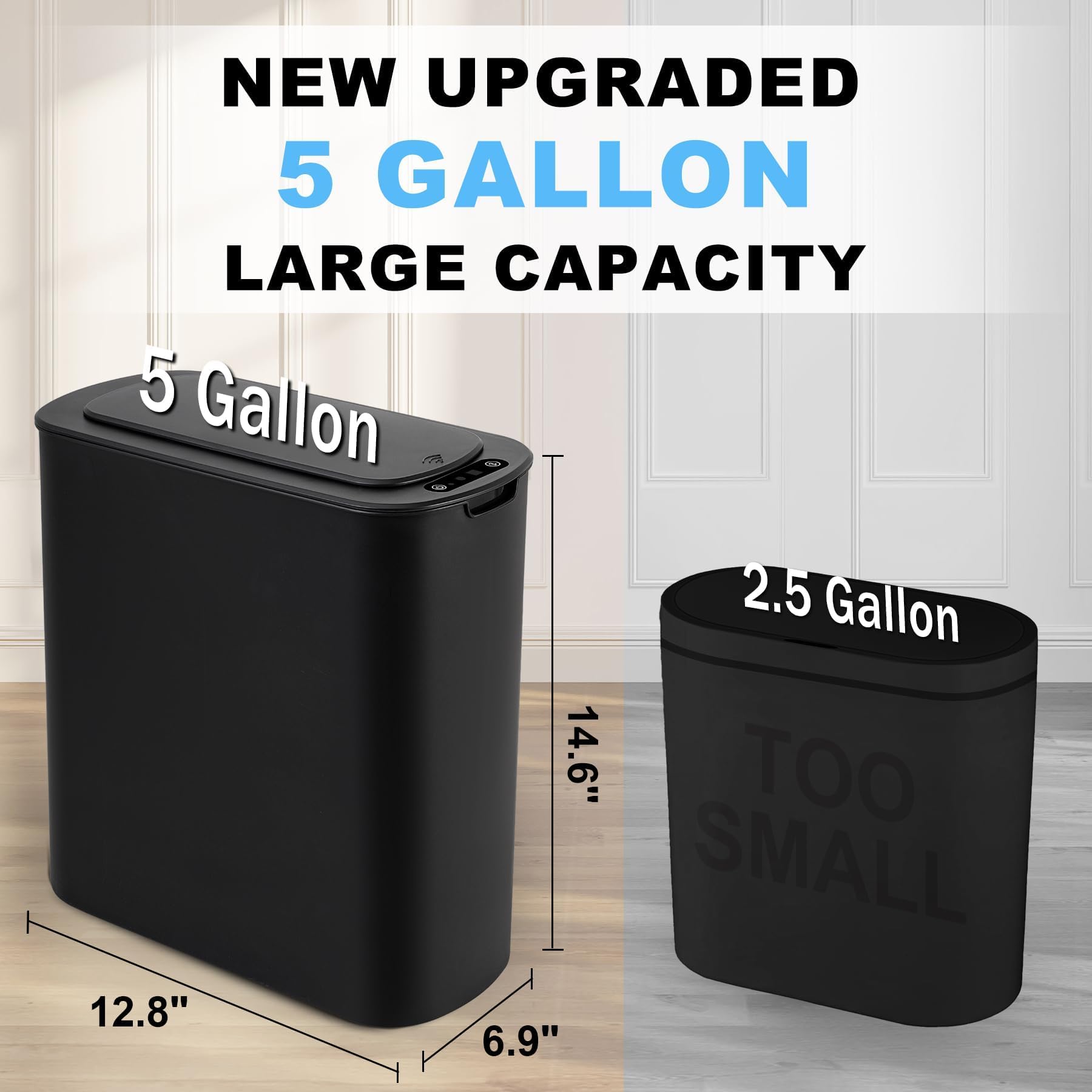 Cesun motion-sensor trash can slim-design fits tight spaces while holding 5 gallons.
