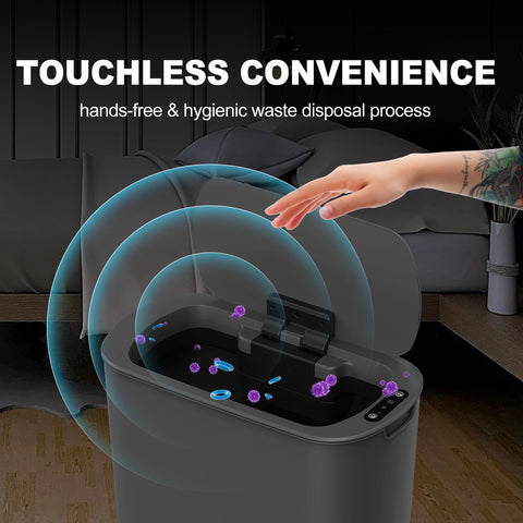 Cesun slim trash can beside a bathroom sink in a compact space.