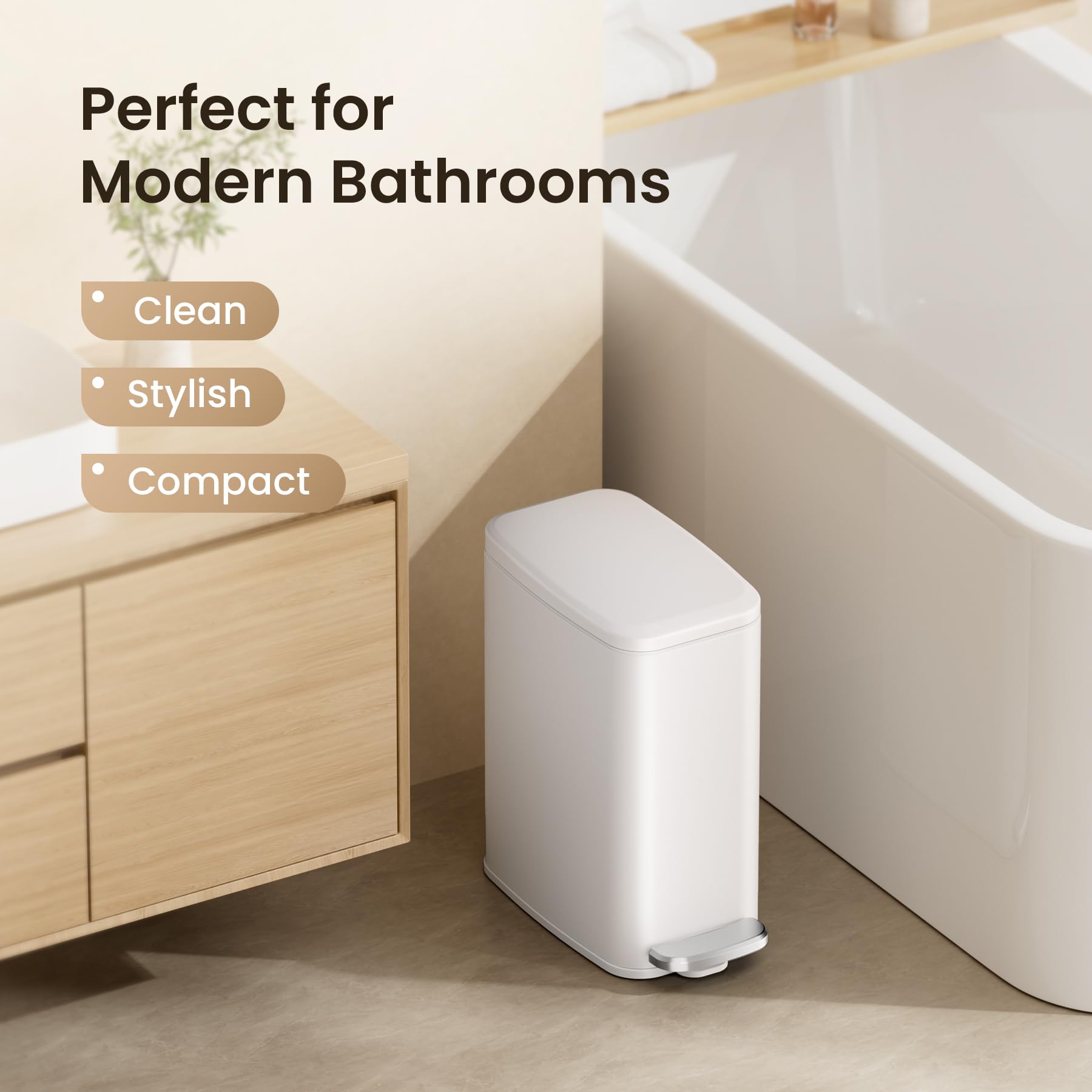 Slim 6.1-inch width fits narrow bathroom or desk areas