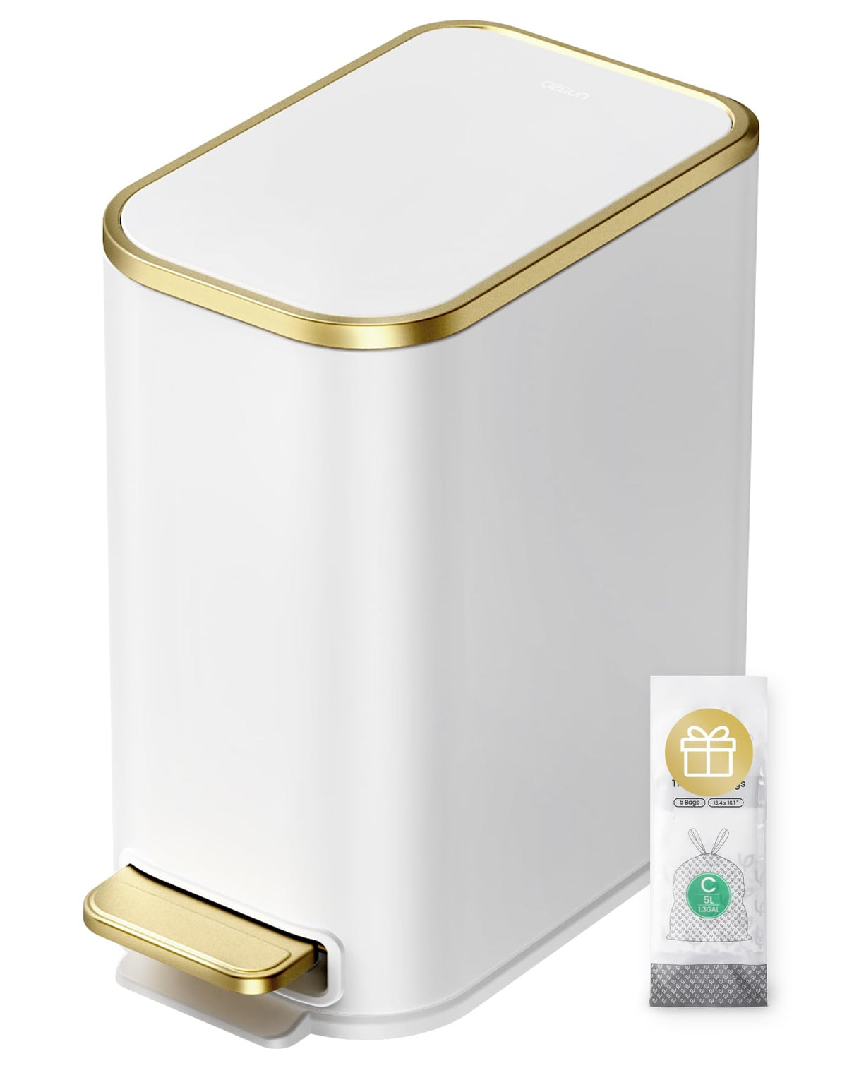 Cesun small trash can with soft-close lid in white and gold for quiet bathrooms