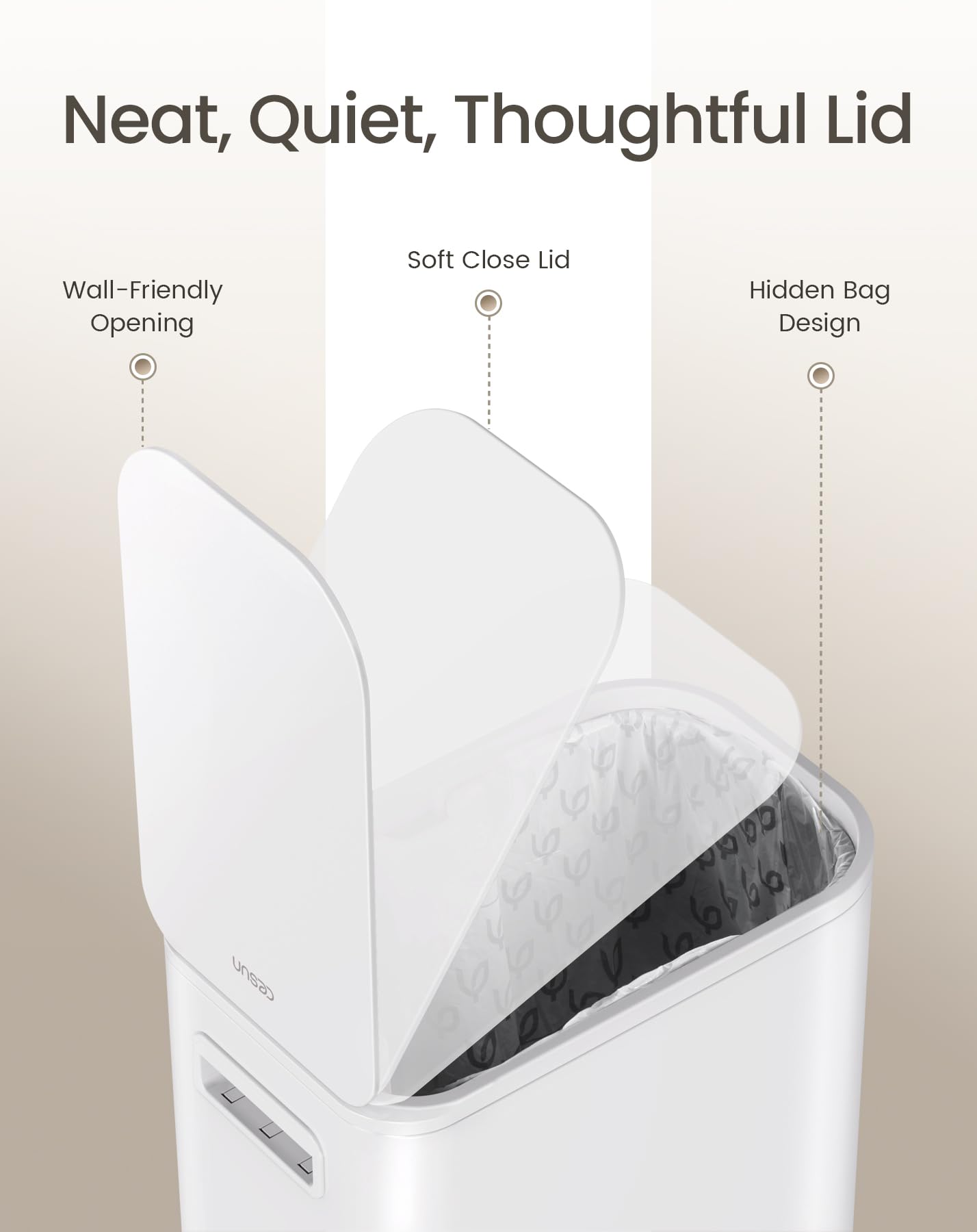 Close-up of Cesun soft-close lid in action for silent disposal.