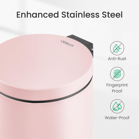 Cesun stainless steel pedal trash can emphasizes durability for everyday disposal.