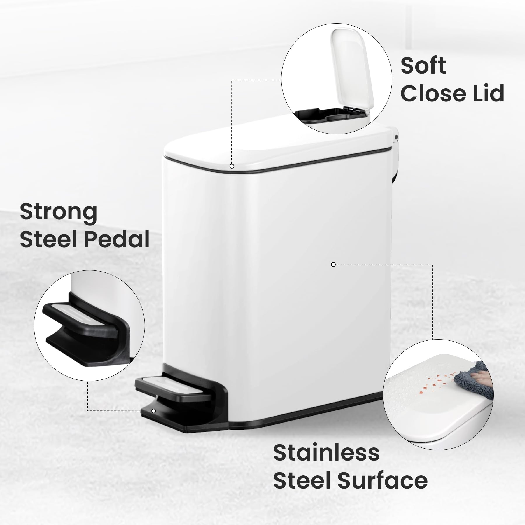 Cesun white compact bathroom trash bin in a tight space