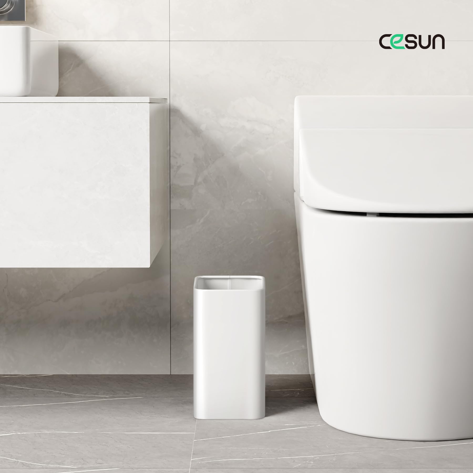 Cesun white stainless steel trash bin resists rust and cleans easily.