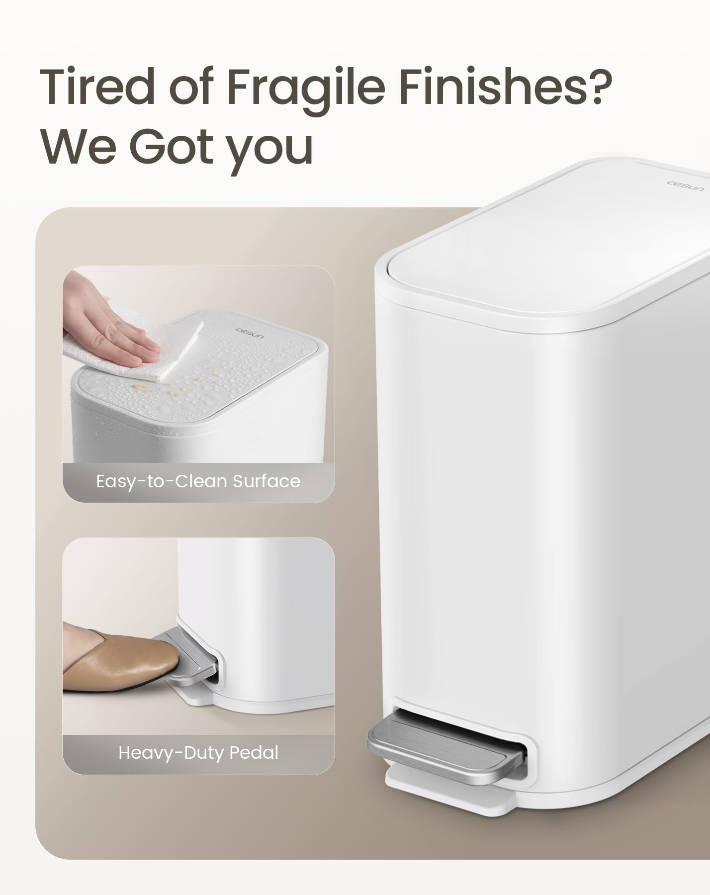 Cesun white stainless steel trash can with durable finish.