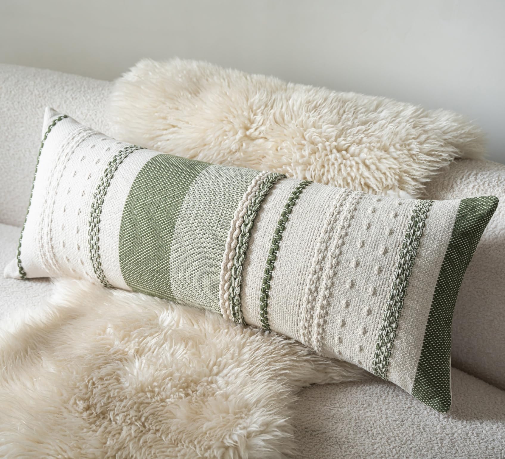 Cethom Boho lumbar pillow cover front view with green textured weave enhances sofa look.