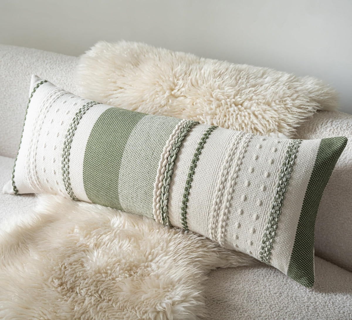 Cethom Boho lumbar pillow cover front view with green textured weave enhances sofa look.